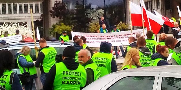 Panie ministrze, zabierając nam rekompensaty wodno-środowiskowe niszczy Pan polskie stawy, polską przyrodę, polskie rybactwo! Protest hodowców karpia w centrum Warszawy